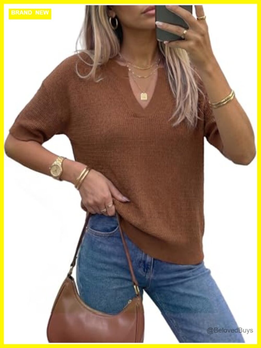 Striped Short Sleeve Sweater Waffle Knit Polo V-Neck Pullover Work Top